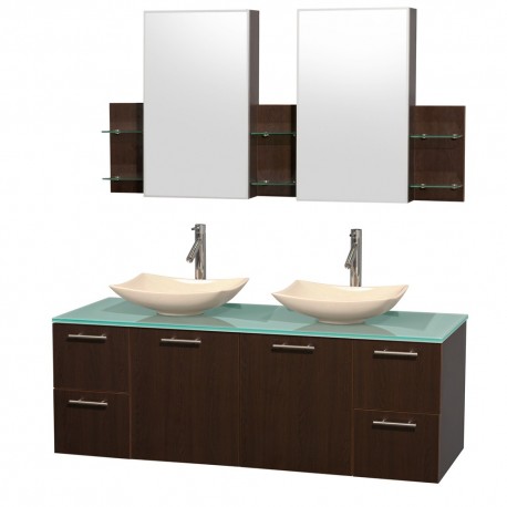 60 inch Double Bathroom Vanity in Espresso, Green Glass Countertop, Arista Ivory Marble Sinks, and Medicine Cabinets