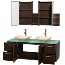 60 inch Double Bathroom Vanity in Espresso, Green Glass Countertop, Arista Ivory Marble Sinks, and Medicine Cabinets
