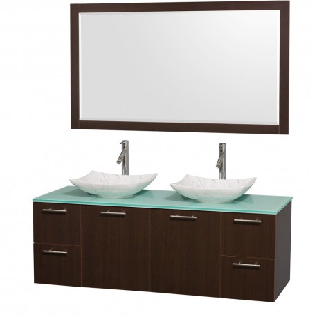 60 inch Double Bathroom Vanity in Espresso, Green Glass Countertop, Arista White Carrera Marble Sinks, and 58 inch Mirror