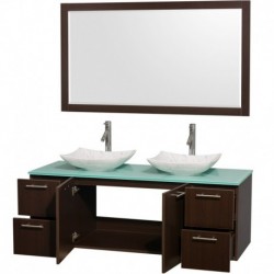 60 inch Double Bathroom Vanity in Espresso, Green Glass Countertop, Arista White Carrera Marble Sinks, and 58 inch Mirror