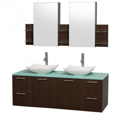 60 inch Double Bathroom Vanity in Espresso, Green Glass Countertop, Arista White Carrera Marble Sinks, and Medicine Cabinets