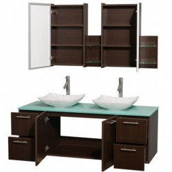 60 inch Double Bathroom Vanity in Espresso, Green Glass Countertop, Arista White Carrera Marble Sinks, and Medicine Cabinets