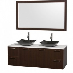 60 inch Double Bathroom Vanity in Espresso, White Man-Made Stone Countertop, Arista Black Granite Sinks, and 58 inch Mirror