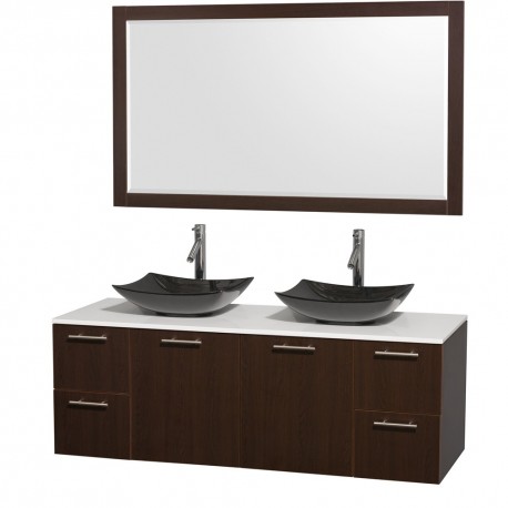 60 inch Double Bathroom Vanity in Espresso, White Man-Made Stone Countertop, Arista Black Granite Sinks, and 58 inch Mirror