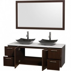 60 inch Double Bathroom Vanity in Espresso, White Man-Made Stone Countertop, Arista Black Granite Sinks, and 58 inch Mirror
