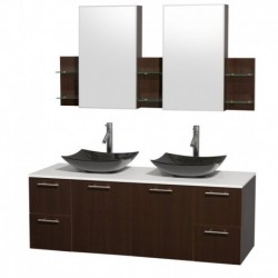 60 inch Double Bathroom Vanity in Espresso, White Man-Made Stone Countertop, Arista Black Granite Sinks, and Medicine Cabinets