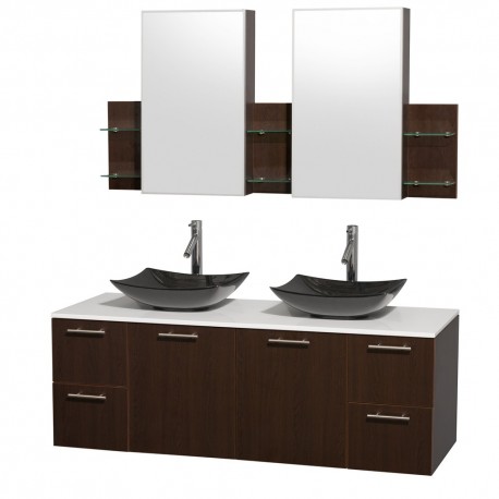 60 inch Double Bathroom Vanity in Espresso, White Man-Made Stone Countertop, Arista Black Granite Sinks, and Medicine Cabinets