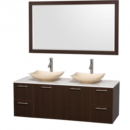 60 inch Double Bathroom Vanity in Espresso, White Man-Made Stone Countertop, Arista Ivory Marble Sinks, and 58 inch Mirror