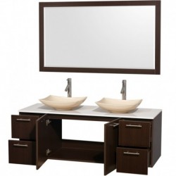 60 inch Double Bathroom Vanity in Espresso, White Man-Made Stone Countertop, Arista Ivory Marble Sinks, and 58 inch Mirror