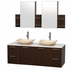 60 inch Double Bathroom Vanity in Espresso, White Man-Made Stone Countertop, Arista Ivory Marble Sinks, and Medicine Cabinets