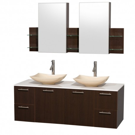 60 inch Double Bathroom Vanity in Espresso, White Man-Made Stone Countertop, Arista Ivory Marble Sinks, and Medicine Cabinets