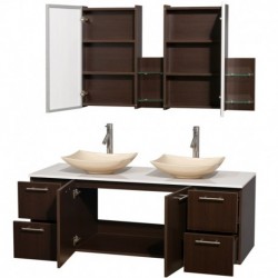 60 inch Double Bathroom Vanity in Espresso, White Man-Made Stone Countertop, Arista Ivory Marble Sinks, and Medicine Cabinets