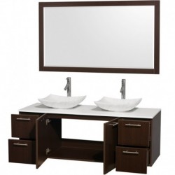 60 inch Double Bathroom Vanity in Espresso, White Man-Made Stone Countertop, Arista White Carrera Marble Sinks, and 58 inch Mir