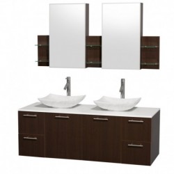 60 inch Double Bathroom Vanity in Espresso, White Man-Made Stone Countertop, Arista White Carrera Marble Sinks, and Medicine Ca