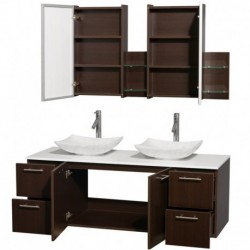 60 inch Double Bathroom Vanity in Espresso, White Man-Made Stone Countertop, Arista White Carrera Marble Sinks, and Medicine Ca