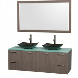60 inch Double Bathroom Vanity in Gray Oak, Green Glass Countertop, Arista Black Granite Sinks, and 58 inch Mirror