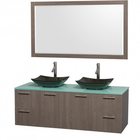 60 inch Double Bathroom Vanity in Gray Oak, Green Glass Countertop, Arista Black Granite Sinks, and 58 inch Mirror