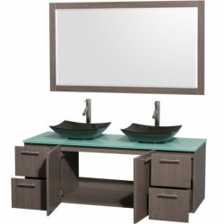 60 inch Double Bathroom Vanity in Gray Oak, Green Glass Countertop, Arista Black Granite Sinks, and 58 inch Mirror