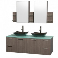 60 inch Double Bathroom Vanity in Gray Oak, Green Glass Countertop, Arista Black Granite Sinks, and Medicine Cabinets
