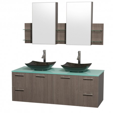 60 inch Double Bathroom Vanity in Gray Oak, Green Glass Countertop, Arista Black Granite Sinks, and Medicine Cabinets