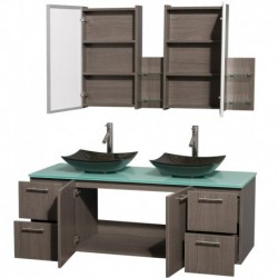 60 inch Double Bathroom Vanity in Gray Oak, Green Glass Countertop, Arista Black Granite Sinks, and Medicine Cabinets