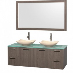60 inch Double Bathroom Vanity in Gray Oak, Green Glass Countertop, Arista Ivory Marble Sinks, and 58 inch Mirror