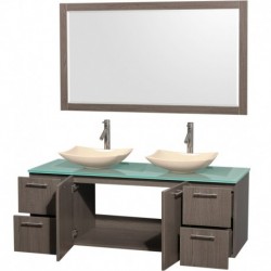 60 inch Double Bathroom Vanity in Gray Oak, Green Glass Countertop, Arista Ivory Marble Sinks, and 58 inch Mirror