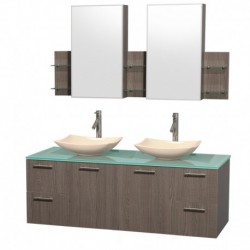 60 inch Double Bathroom Vanity in Gray Oak, Green Glass Countertop, Arista Ivory Marble Sinks, and Medicine Cabinets