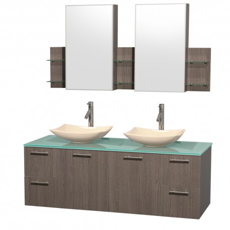 60 inch Double Bathroom Vanity in Gray Oak, Green Glass Countertop, Arista Ivory Marble Sinks, and Medicine Cabinets