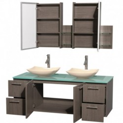 60 inch Double Bathroom Vanity in Gray Oak, Green Glass Countertop, Arista Ivory Marble Sinks, and Medicine Cabinets