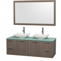 60 inch Double Bathroom Vanity in Gray Oak, Green Glass Countertop, Arista White Carrera Marble Sinks, and 58 inch Mirror