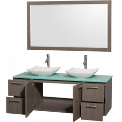 60 inch Double Bathroom Vanity in Gray Oak, Green Glass Countertop, Arista White Carrera Marble Sinks, and 58 inch Mirror