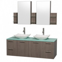 60 inch Double Bathroom Vanity in Gray Oak, Green Glass Countertop, Arista White Carrera Marble Sinks, and Medicine Cabinets