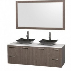 60 inch Double Bathroom Vanity in Gray Oak, White Man-Made Stone Countertop, Arista Black Granite Sinks, and 58 inch Mirror