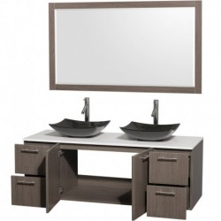 60 inch Double Bathroom Vanity in Gray Oak, White Man-Made Stone Countertop, Arista Black Granite Sinks, and 58 inch Mirror