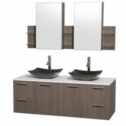 60 inch Double Bathroom Vanity in Gray Oak, White Man-Made Stone Countertop, Arista Black Granite Sinks, and Medicine Cabinets