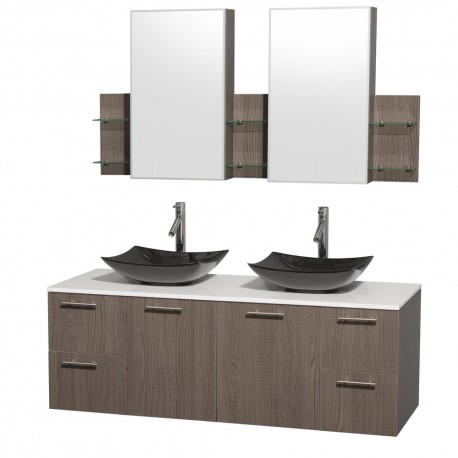 60 inch Double Bathroom Vanity in Gray Oak, White Man-Made Stone Countertop, Arista Black Granite Sinks, and Medicine Cabinets