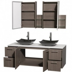 60 inch Double Bathroom Vanity in Gray Oak, White Man-Made Stone Countertop, Arista Black Granite Sinks, and Medicine Cabinets