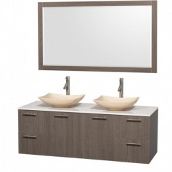 60 inch Double Bathroom Vanity in Gray Oak, White Man-Made Stone Countertop, Arista Ivory Marble Sinks, and 58 inch Mirror