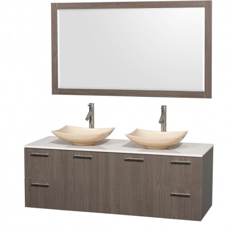 60 inch Double Bathroom Vanity in Gray Oak, White Man-Made Stone Countertop, Arista Ivory Marble Sinks, and 58 inch Mirror