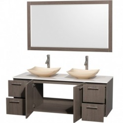 60 inch Double Bathroom Vanity in Gray Oak, White Man-Made Stone Countertop, Arista Ivory Marble Sinks, and 58 inch Mirror