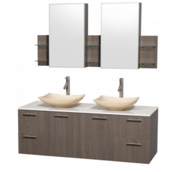 60 inch Double Bathroom Vanity in Gray Oak, White Man-Made Stone Countertop, Arista Ivory Marble Sinks, and Medicine Cabinets