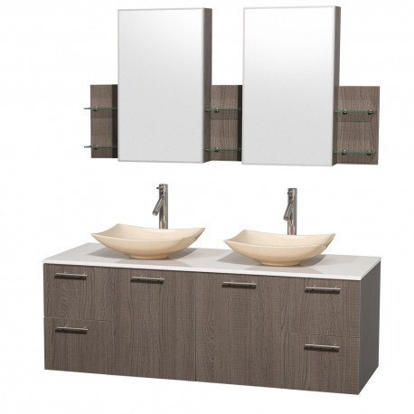 60 inch Double Bathroom Vanity in Gray Oak, White Man-Made Stone Countertop, Arista Ivory Marble Sinks, and Medicine Cabinets