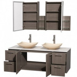 60 inch Double Bathroom Vanity in Gray Oak, White Man-Made Stone Countertop, Arista Ivory Marble Sinks, and Medicine Cabinets