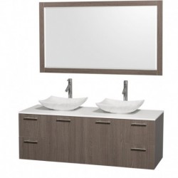 60 inch Double Bathroom Vanity in Gray Oak, White Man-Made Stone Countertop, Arista White Carrera Marble Sinks, and 58 inch Mir