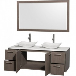 60 inch Double Bathroom Vanity in Gray Oak, White Man-Made Stone Countertop, Arista White Carrera Marble Sinks, and 58 inch Mir