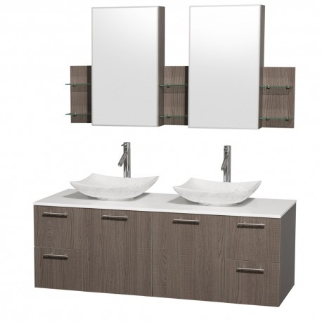 60 inch Double Bathroom Vanity in Gray Oak, White Man-Made Stone Countertop, Arista White Carrera Marble Sinks, and Medicine Ca
