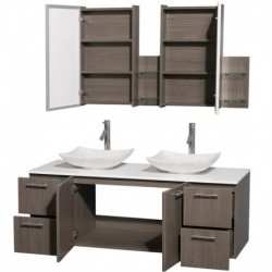 60 inch Double Bathroom Vanity in Gray Oak, White Man-Made Stone Countertop, Arista White Carrera Marble Sinks, and Medicine Ca