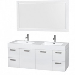 60 inch Double Bathroom Vanity in Glossy White, Acrylic Resin Countertop, Integrated Sinks, and 58 inch Mirror