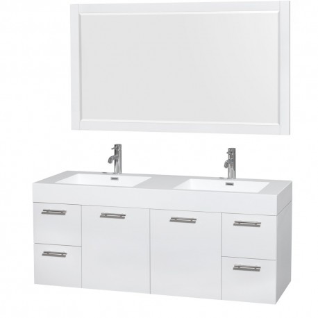 60 inch Double Bathroom Vanity in Glossy White, Acrylic Resin Countertop, Integrated Sinks, and 58 inch Mirror